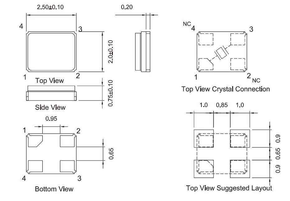 TXC-7S-2520贴片Glass晶振产品尺寸图